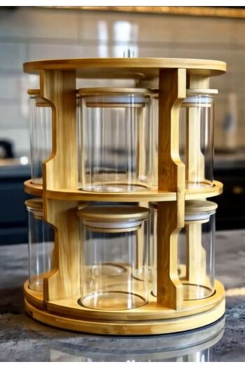 Dia Set of 10 Bamboo Flat Vacuum Lids with Rotating Stand and Labels Borosilicate Glass Spice Rack Set Storage Jar
