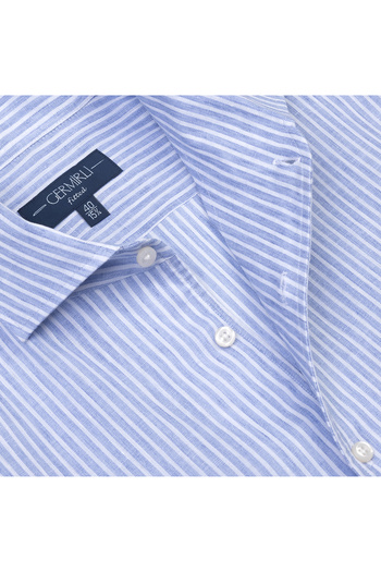 Germirli Albini Blue White Striped Nevapas Lapel Collar Linen Shirt