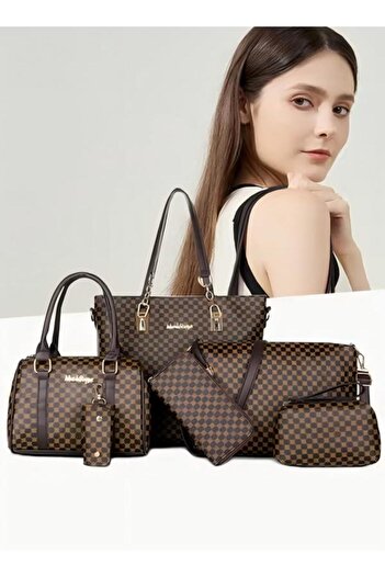 Generic 6 Pcs Handbags Set for Women, Dark Brown PU Leather Printing Pattern Purse Sets