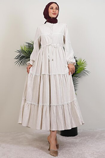 GİYZAMİLA Lace-Up Linen Dress Stone