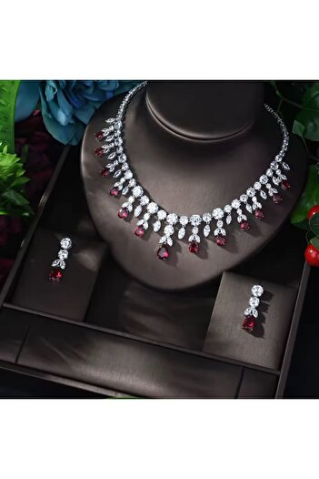 VİYA Azalea Red Zircon Stone Necklace Earring Set Wedding Engagement Set