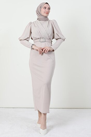 GİYZAMİLA Cross Collar Dress Stone