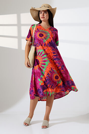 LİKAPA Summer Plus Size Viscose V-Neck Short Sleeve Dress 2688