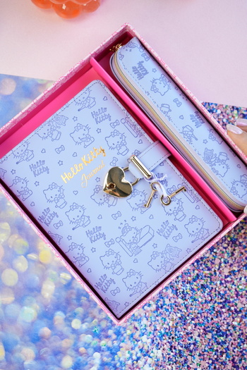 Victoria's Journals Hello Kitty Hush Hush Locked Notebook + Vegan Leather Pen Holder Boxed Set – 160 Sheets, Lined