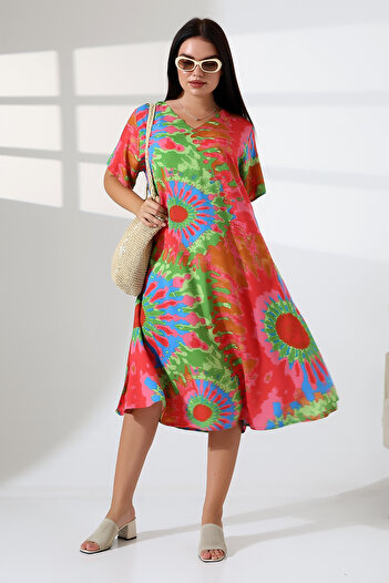 LİKAPA Summer Plus Size Viscose V-Neck Short Sleeve Dress 2688