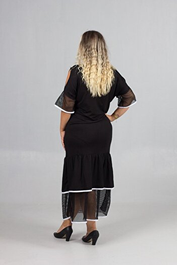 Truva XXL Plus Size Black Shoulder Detail Lycra Viscose Long Dress – Stylish and Comfortable Design