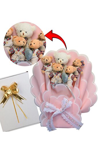 Sole 90 CM PELUŞ AYI ve GİYSİLİ ROMANTİK PELUŞ LED IŞIKLI AYICIK BUKETİ Sevgiliye - Kıza Hediye Seti