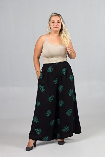 Truva XXL Plus Size Green Patterned Wide Leg Woven Viscose Trousers – High Waist, Elastic