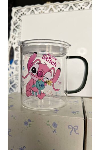 Generic Stitch كوب زجاجي للشرب سعة 300 مل مع غطاء وقشة، كوب قهوة زجاجي، كوب حليب وعصير