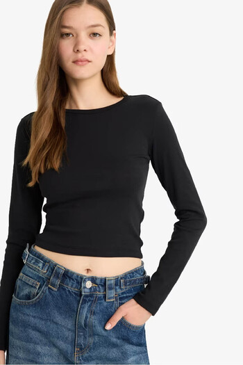 DeFacto Coool Fitted Crew Neck Rib Black Women's Long Sleeve T-Shirt E7797Ax/Bk81