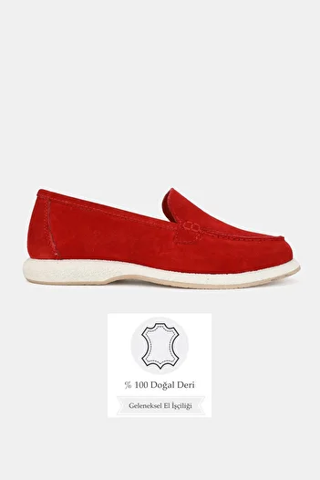 TUNAELLİ Women's Red Suede Khaki Natural Leather Loafer Shoes Number 36-41