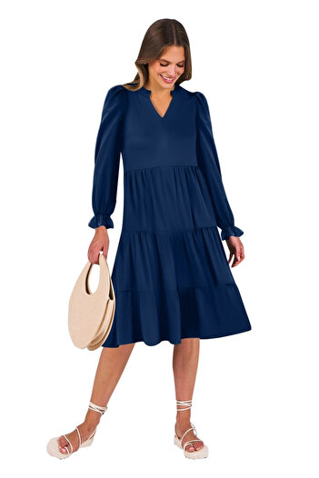OEM Rochie lungă casual peste genunchi, cu mâneci lungi, Albastru L