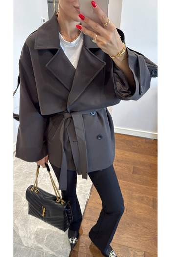 My Blog Dark Brown Oversize Off Shoulder Short Trench - 9580