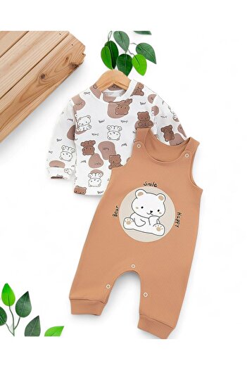 Egelite Baby Boy 0-3-6-9 Months Bear Printed Salopet / Gardener Jumpsuit and Underwear Set