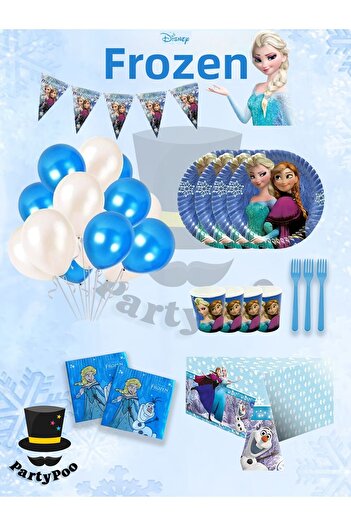 PartyPoo Set de petrecere pentru ziua de naștere Frozen Elsa pentru 8 persoane |   Rechizite pentru petreceri tematice Elsa și Anna Eko2