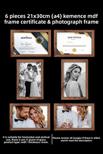 bymat 6 Pieces 21x30 Frame - Kemenç Frame - A4 Frame - Diploma Frame - Mdf Multi Photo