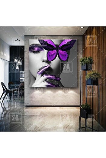 SML TABLO Femeie cu machiaj violet și pictură decorativă pătrată de pânză pentru machiaj fluture