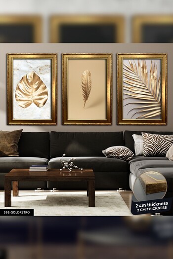 Evinemoda Gold Leaves - 3 Pcs Framed Painting Cvplk
