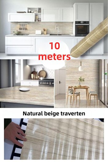 Renkli Duvarlar 67cm X 10 Meters 1 Piece Adhesive Roll Beige Travertine Patterned Kitchen Wall Covering Foil Paper