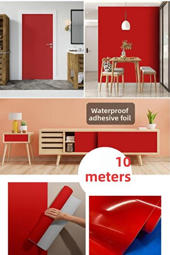 Renkli Duvarlar 67cm X 10Meter 1Pcs Roll Foil Adhesive Plain Red Kitchen Wall Covering Foil Paper