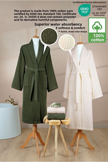 Ellaline 4 Piece Striped Bathrobe Set 100% Cotton Certified Family Towel Bathrobe Set Dowry Set Green - Cream