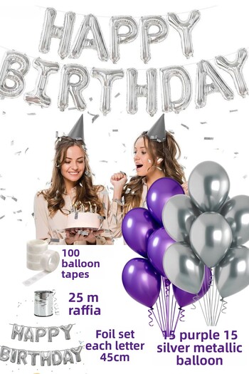 Baloncu Dede Happy Birthday Birthday Set Purple Gray Balloon Set Women Men Girls Children Party Ornaments