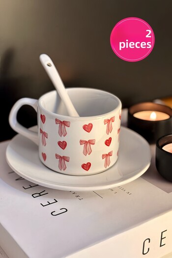 Cool Stuff Coquette Heart Ribbon Patterned 2-Piece Cup with Spoon