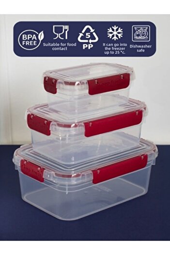 VİALEX Tight Set of 3 Sealed Rectangular Storage Containers (375-900-1700 ml) - Claret Red
