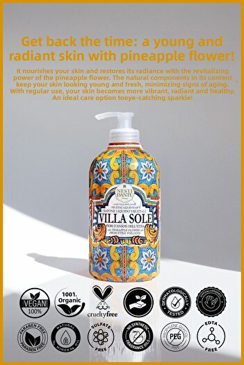 Nesti Dante Villa Sole Fiori D'Ananas Dell'Etna Liquid Soap 500ml | Anti-Aging | Pineapple, C Vitamin