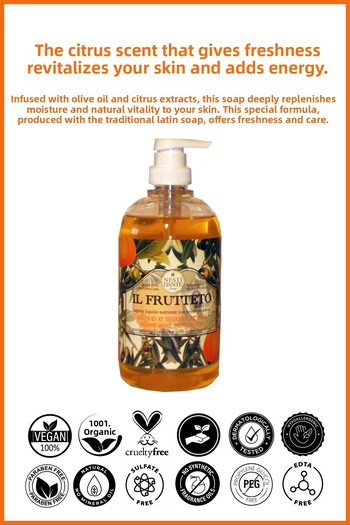 Nesti Dante Il Frutteto Olive Tangerine Liquid Soap 500ml |   Revitalizing Care |   Citrus, Olive Oil