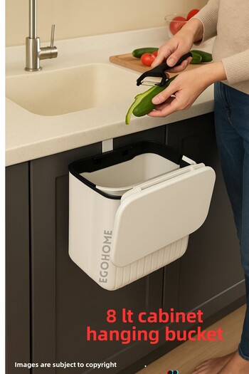 ego home Hanging Trash Can Striped 8 Lt Kitchen Counter Top and Cabinet Hanging Trash Can with Double Direction Lid
