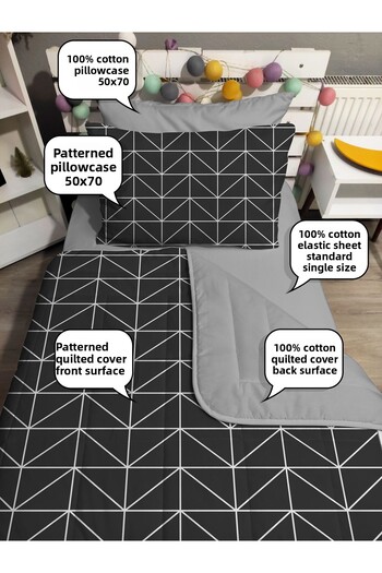 yok yok evim eve dair her şey Quilted Gray Geometric 4Piece(100% Cotton 120X200 with Fitted Sheet) Single Bedspread Set