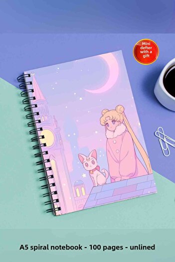 SevindirenŞeyler Sailor Moon Moon Warrior Notebook A5 Metal Spiral Unlined Cardboard Cover Planner Notebook