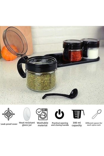 ForWhat 3Pcs Black Stand Lid Spoon Glass Spice Rack Set for Bureau Home Office Kitchen