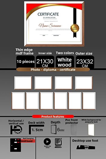 yhfoto 10 Pieces 21X30 Frame - Thin Slatted A4 Frame - 2 Colors White Wood - Photo Certificate Frame