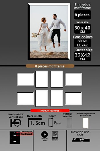 yhfoto 8 Pieces 30X40 Frame - Thin Slatted A3 Frame - 2 Colors Black White - 6mm Photo Frame