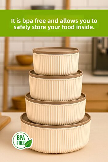 İLİVA Set of 4 Round Storage Containers Striped Beige |   2.5L 1.5L 0.80L 0.45L |   Microwave and Freezer Compatible