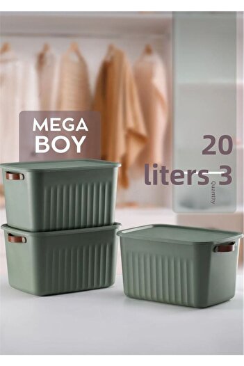 Bayev 3-Piece Green 20 Lt Boxsis Set Mega Size Multi-Purpose Box with Lid Closet Organizer Organizer-Hobby Box