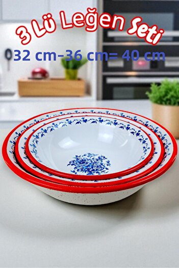 İnci Emaye 32 Cm-36 Cm-40 cm 3-Piece Enamel Basin Whisk and Mixing Bowl, Dough Basin, Fruit Bowl, Dowry, Gift,