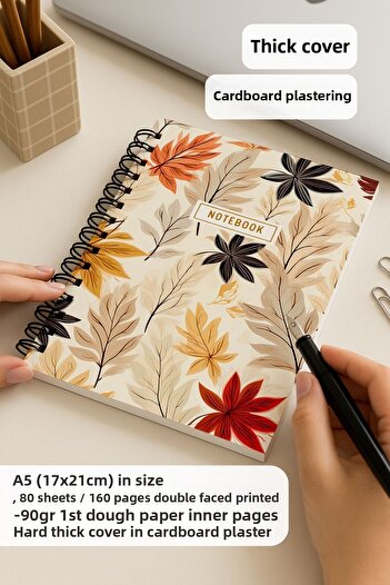 Eldesen Tasarım A5 Spiral Thick Cover Dotted Notepad, 80 Sheets 160 Pages, Autumn Leaves