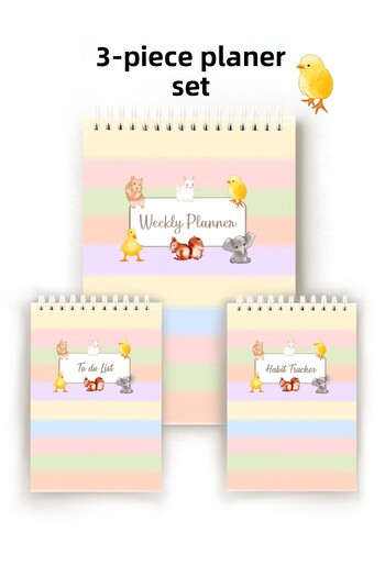 Handeto Kraft Cute Animals 3-Piece English Planner, Weekly Planner, Habit Tracker, Daily Planner
