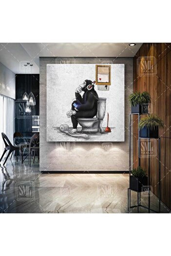 SML TABLO Monkey Banksy Listening to Music on Toilet with Headphones Vertical Canvas Painting