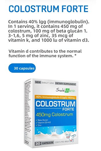 Suda Vitamin Colostrum Forte 40% Igg Colostrum+Beta Glucan+Zinc+D3+K2 Vitamin Strong Immunity 30 Capsules