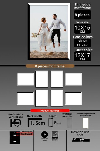Bytwo 8Pcs 10X15 Frame - Thin Slatted Frame - 2 Colors Black White - 6mm Frame Photo Frame