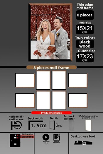 Bytwo 8 Pieces 15X21 Frame - Thin Slatted A5 Frame - 2 Colors Wood Black - 6mm Photo Frame