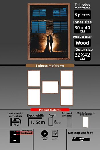 bymat 5 Pieces 30X40 Frame - Thin Slatted A3 Frame - Wooden Frame - 6mm - Photo Frame
