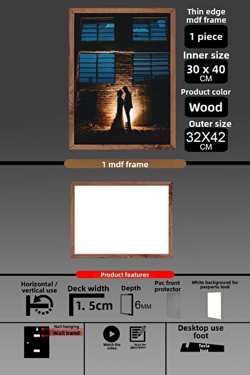 bymat 1 Piece 30X40 Frame - Thin Slatted A3 Frame - Wooden Frame - 6mm - Photo Frame