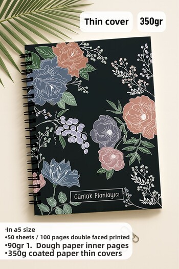 Eldesen Tasarım Daily Planner A5 Notebook, Notes, to Do, Flexible Cardboard Cover, 100 Days, White Line