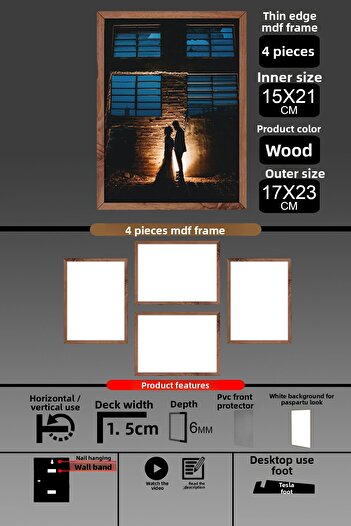 bymat 4 Pieces 15X21 Frame - Thin Slatted A5 Frame - Wooden Frame - 6mm - Photo Frame