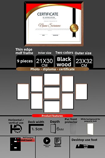 bymat 9 Pieces 21X30 Frame - Fine Slatted A4 Frame - 2 Colors Wood Black - Photo Certificate Frame